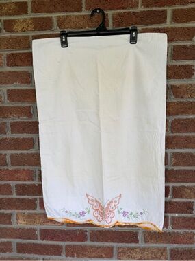 butterfly embroidered pillowcase.  set of two.  old linen. vintage.